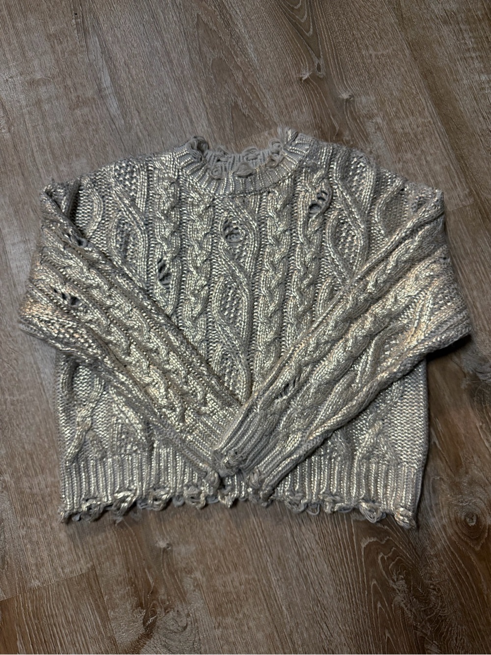Zara Womenâs Medium Chunky Cable Knit Metallic Shimmer Sweater Beige Taupe Boho